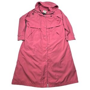 LL Bean Trench Raincoat Womens Medium Petite Pink Hooded Remove Lined Duster VTG